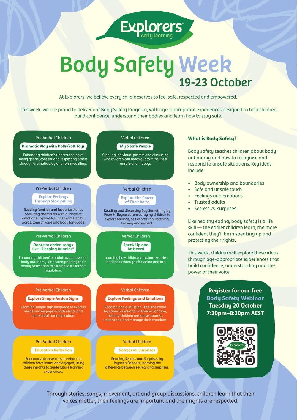 The Explorers Body Safety Week poster for 19 to 23 October, showing each day’s experiences for pre-verbal and verbal children