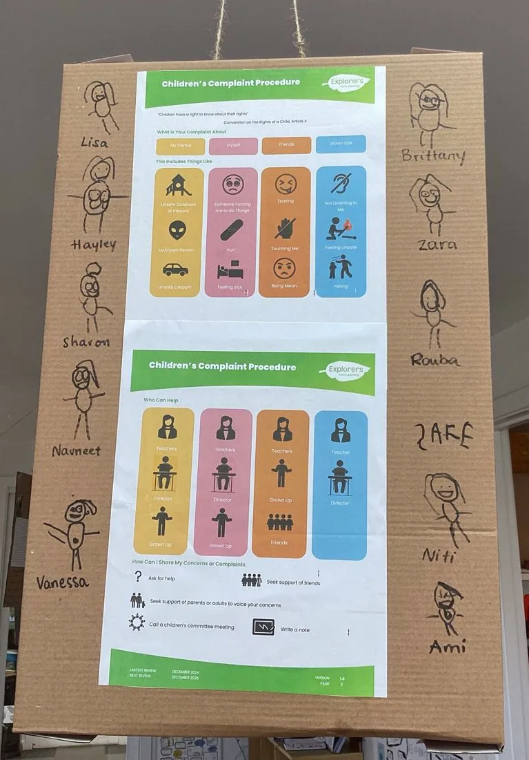 The Explorers children’s complaint procedure poster mounted on cardboard, framed by hand-drawn stick figures, each labelled with a first name